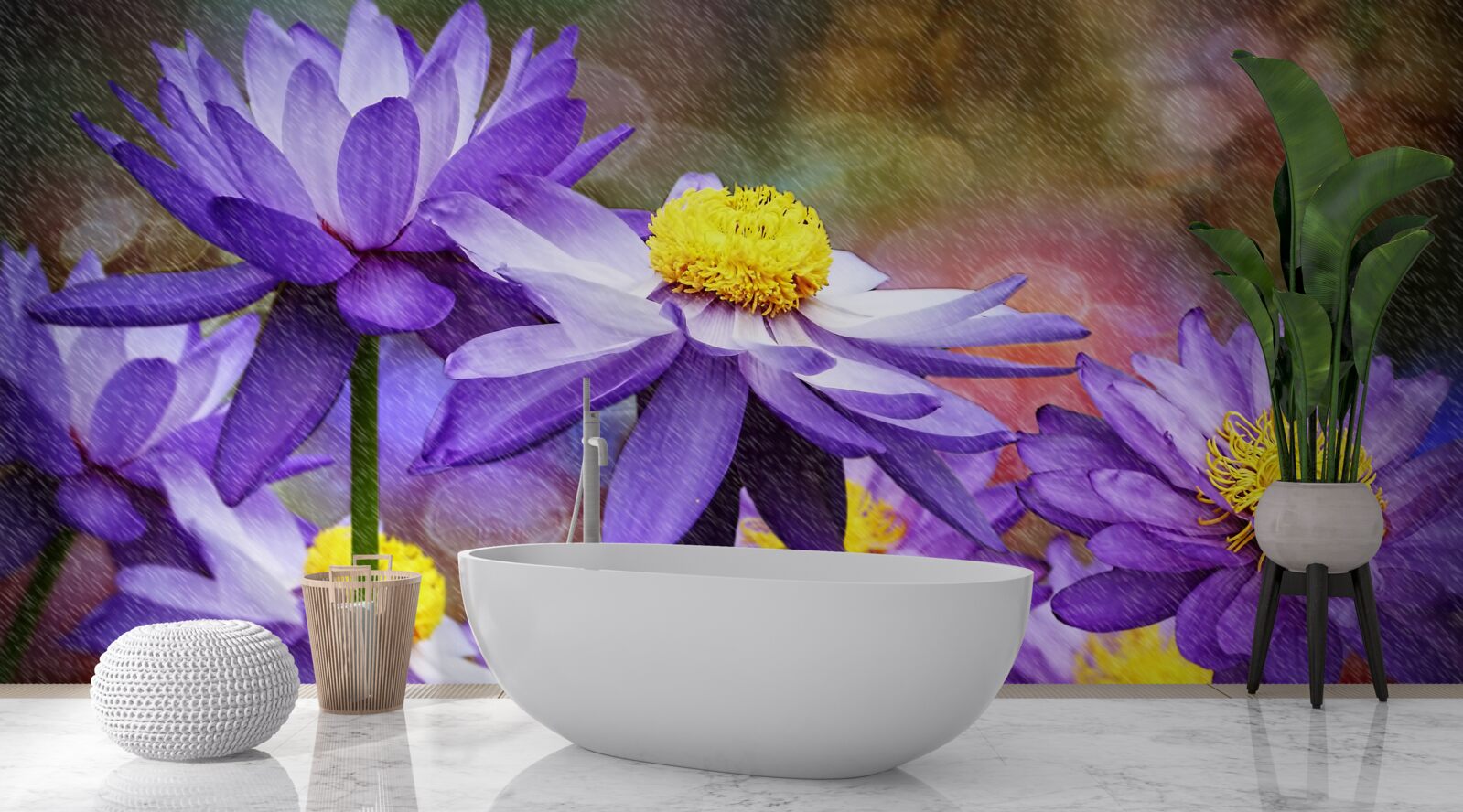 Fotobehang paarse bloemen met een geel hart