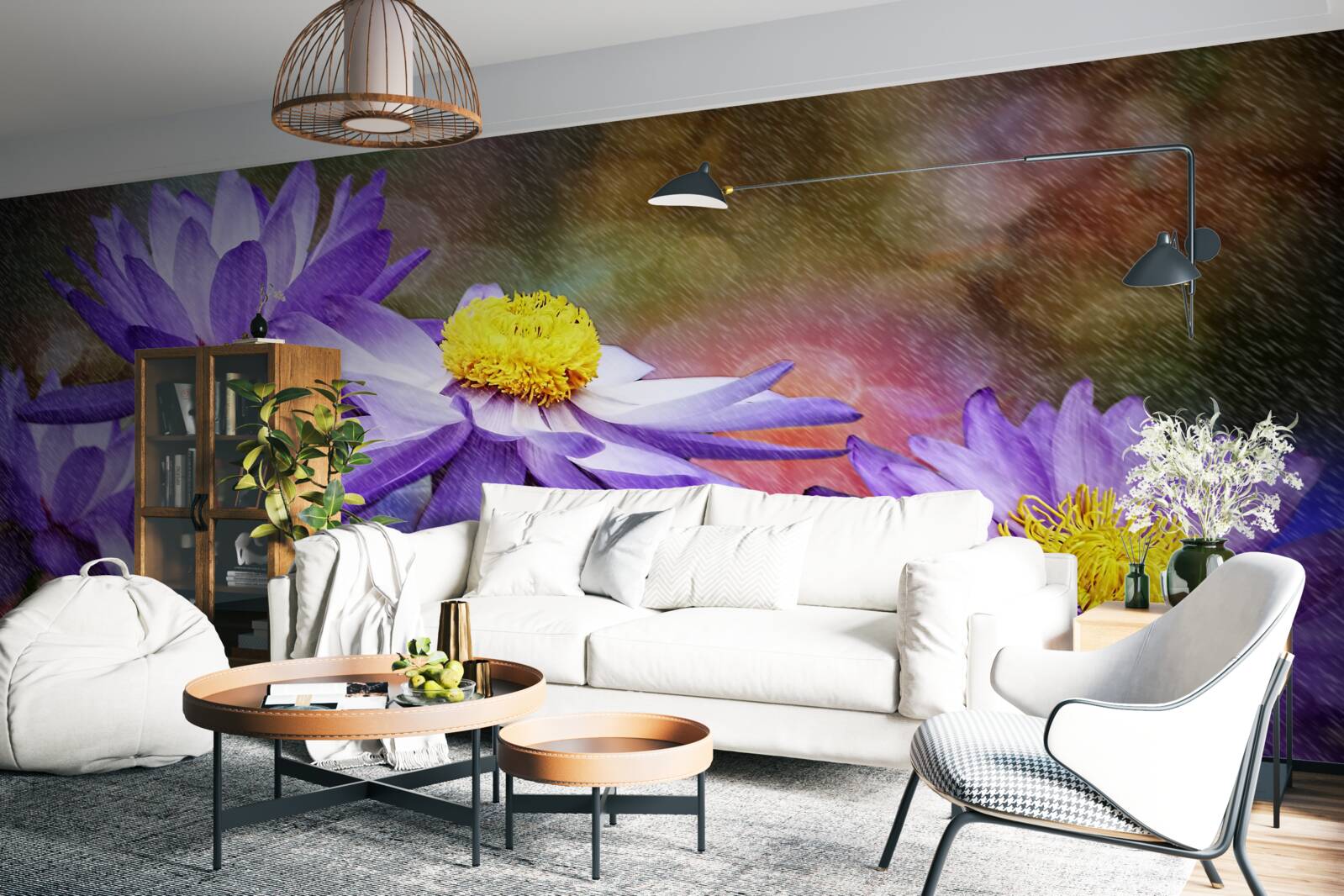 Fotobehang paarse bloemen met een geel hart