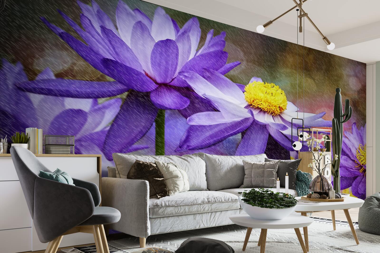 Fotobehang paarse bloemen met een geel hart