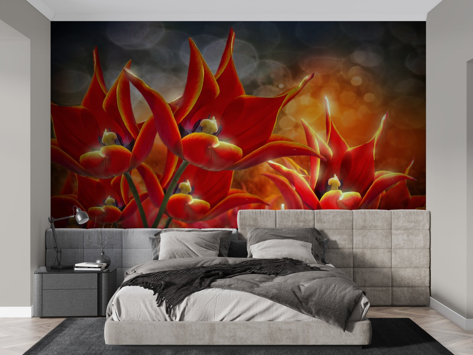 Fotobehang grote scharlakenrode bloemen