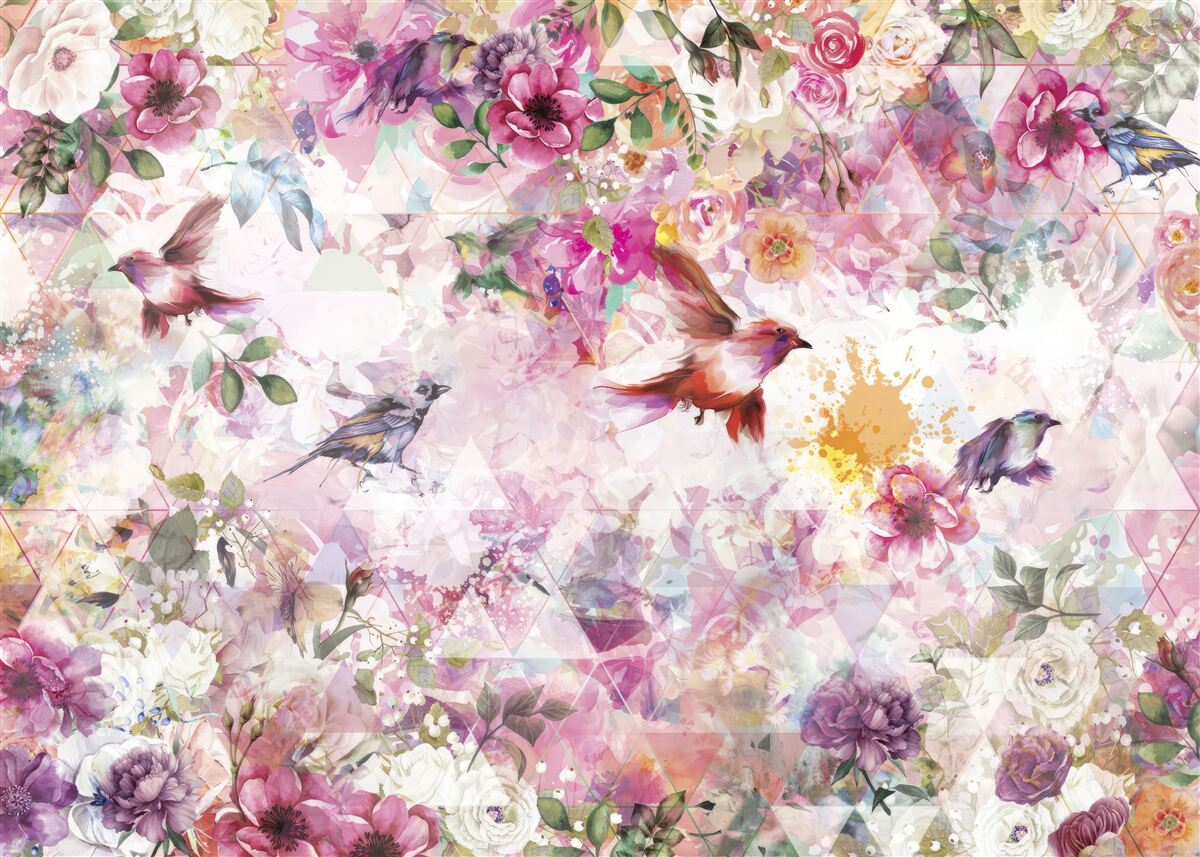 Fotobehang achtergrond met bloemen en vogels