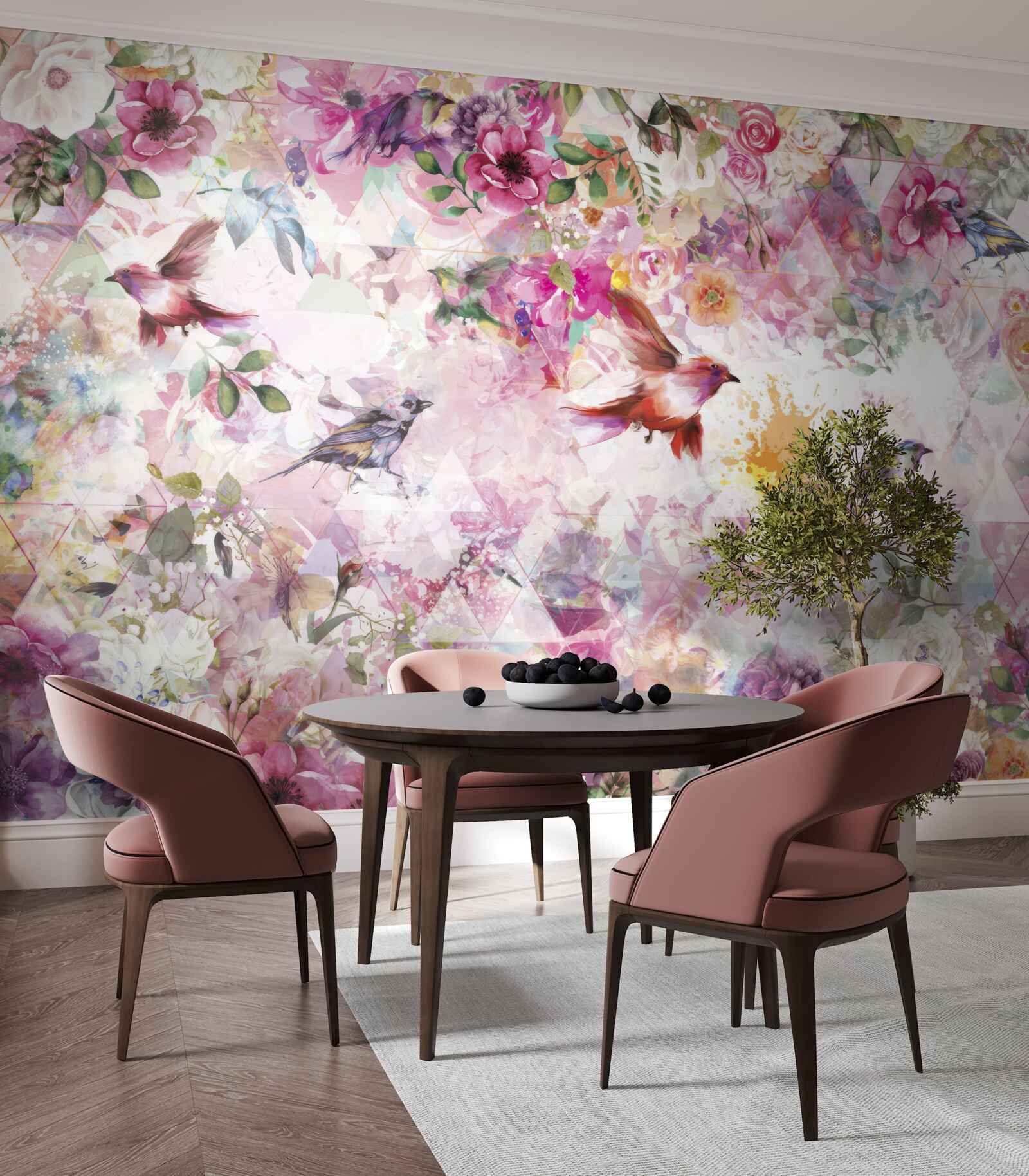 Fotobehang achtergrond met bloemen en vogels