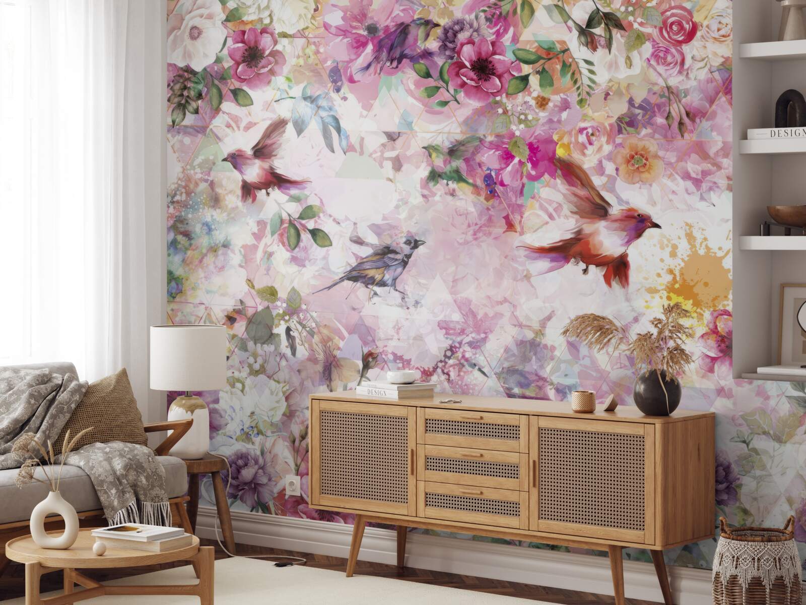 Fotobehang achtergrond met bloemen en vogels