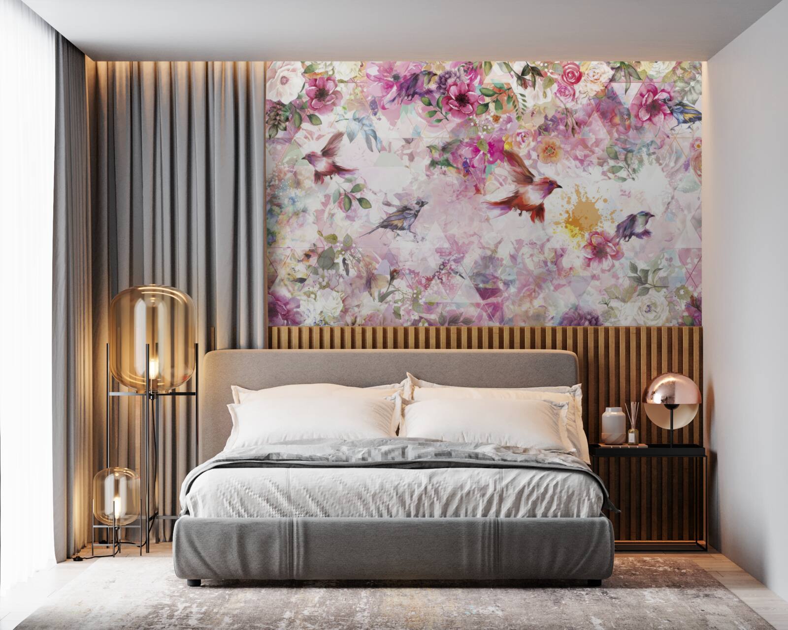 Fotobehang achtergrond met bloemen en vogels