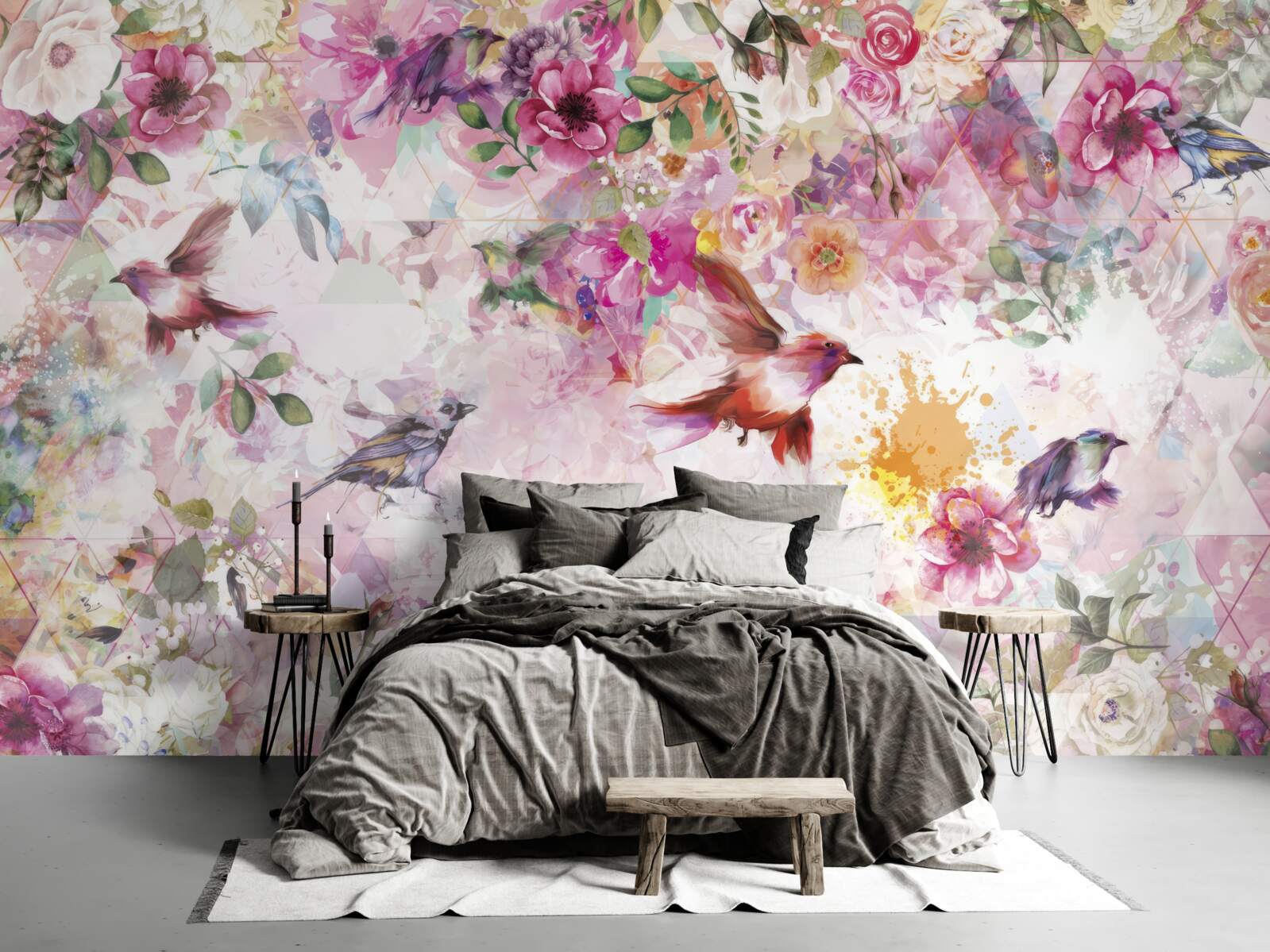 Fotobehang achtergrond met bloemen en vogels