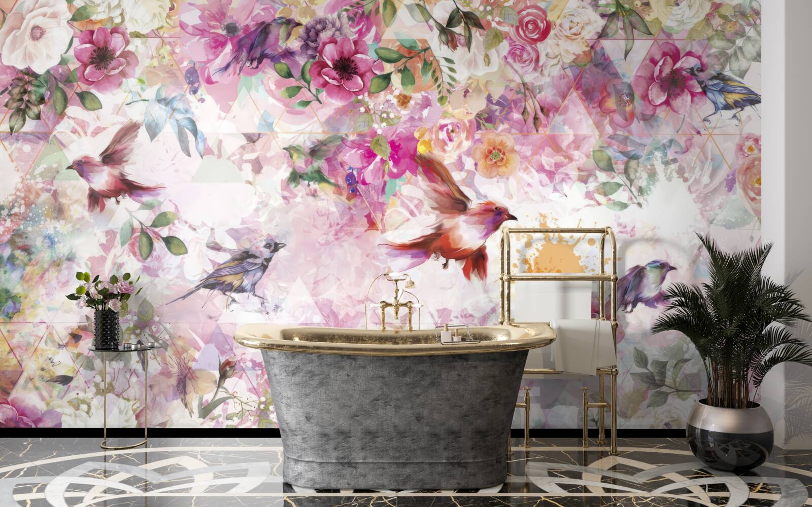 Fotobehang achtergrond met bloemen en vogels