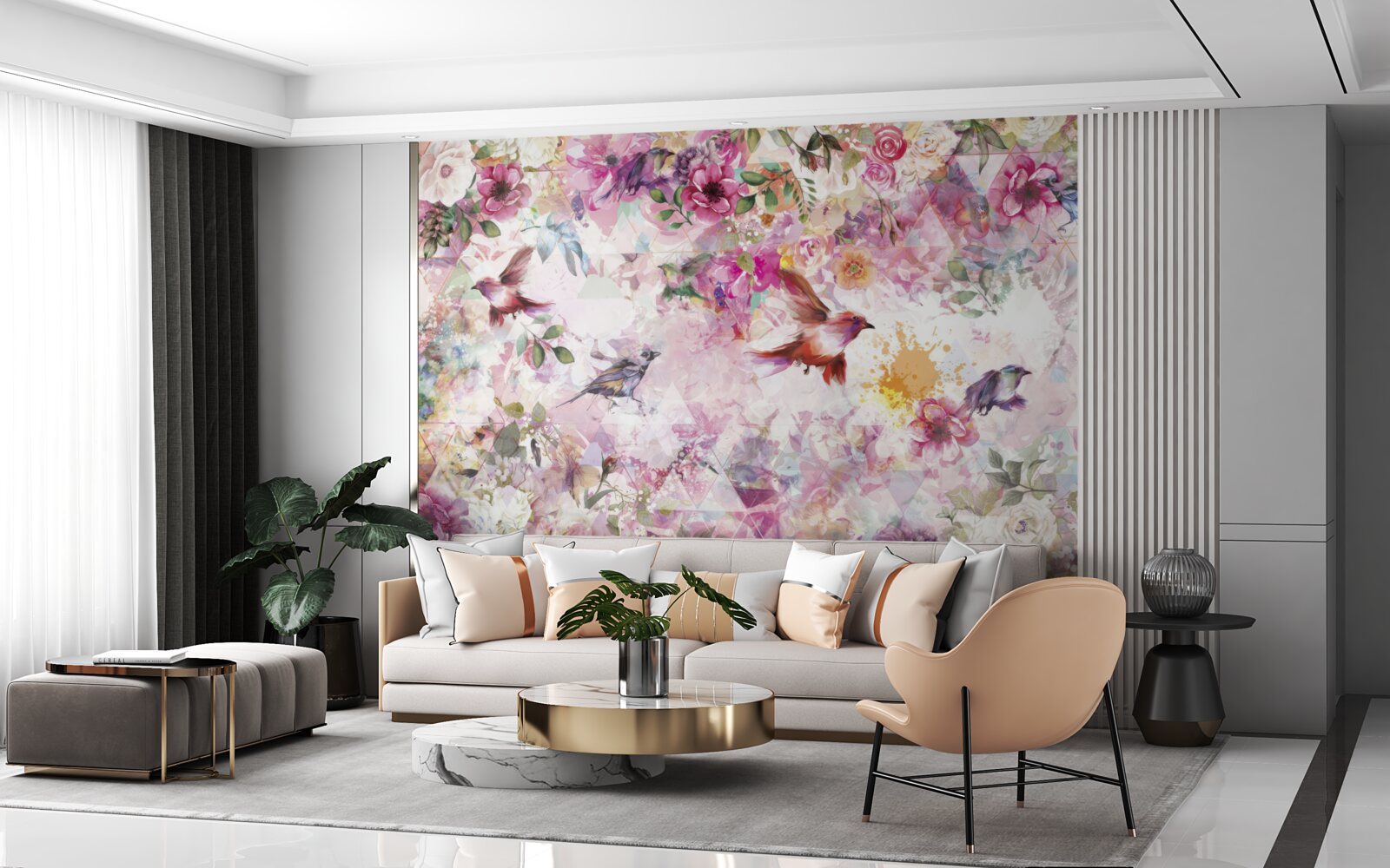 Fotobehang achtergrond met bloemen en vogels