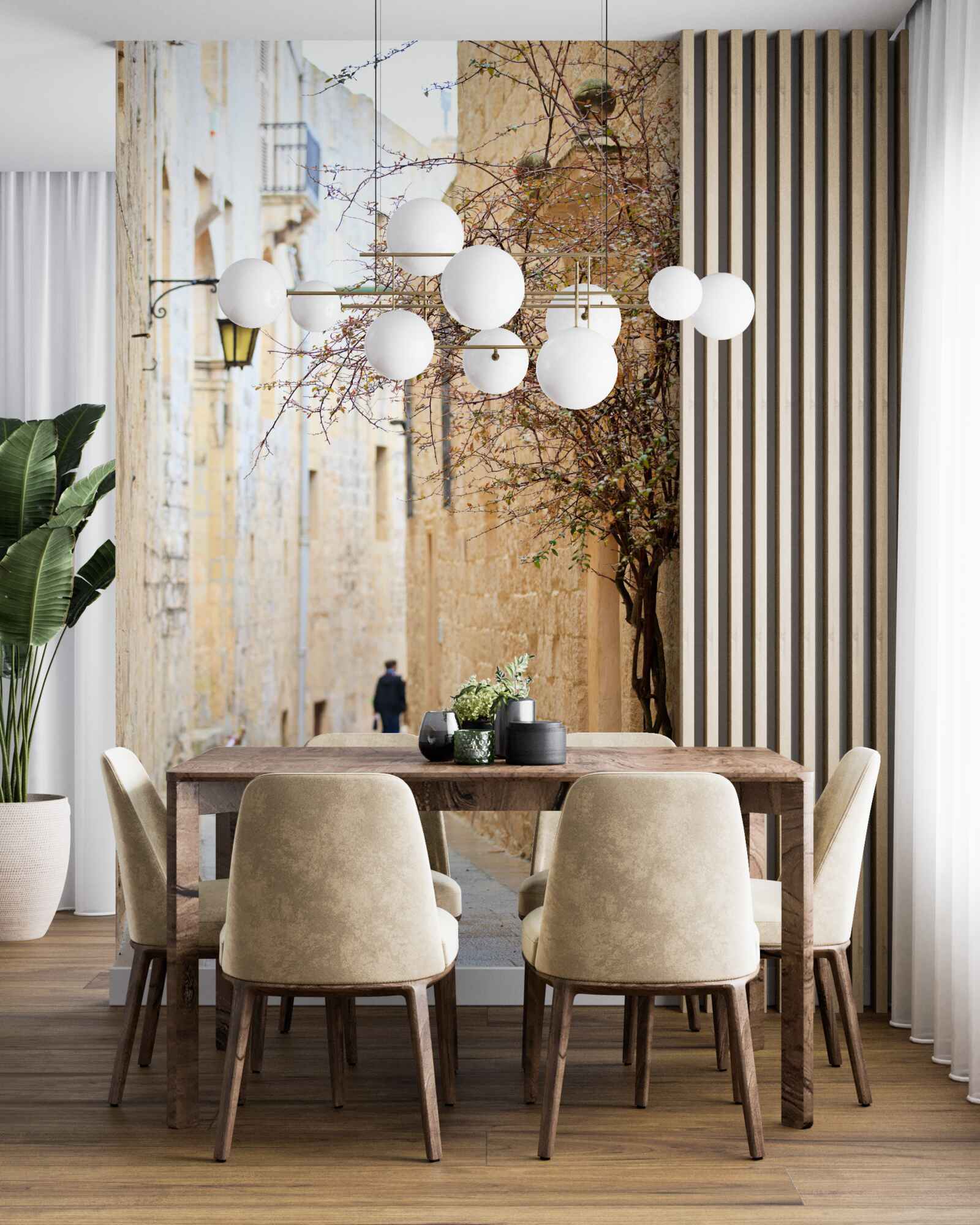 Fotobehang in een smalle straat staan een man en een boom