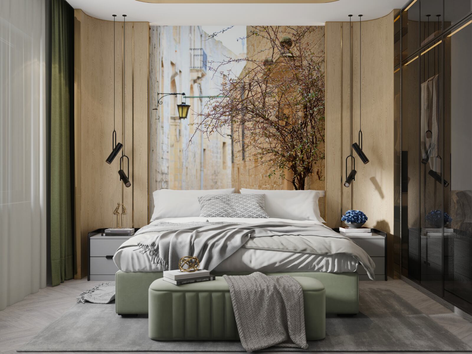 Fotobehang in een smalle straat staan een man en een boom