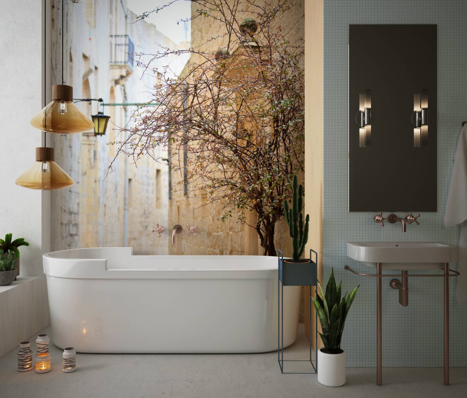 Fotobehang in een smalle straat staan een man en een boom