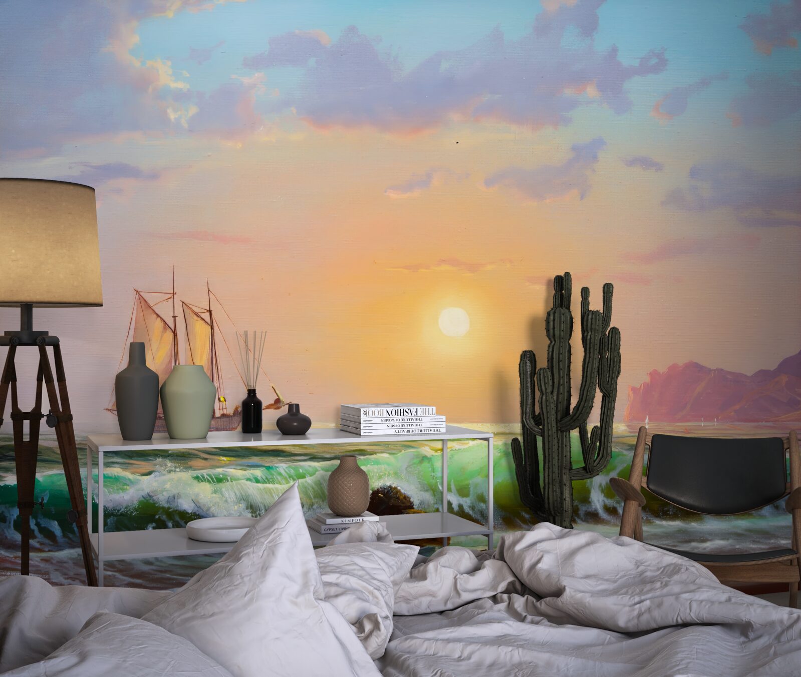 Fotobehang het schip vaart tegen de achtergrond van de zonsondergang