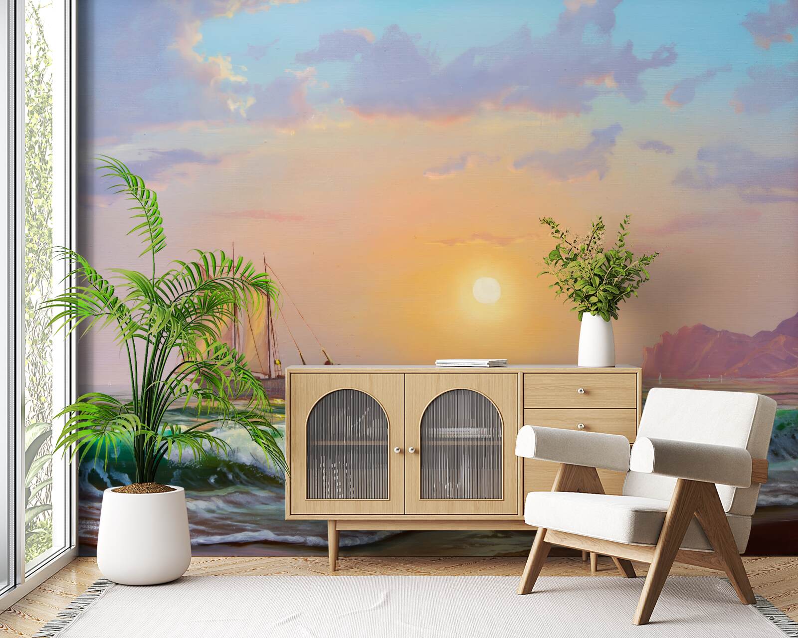 Fotobehang het schip vaart tegen de achtergrond van de zonsondergang