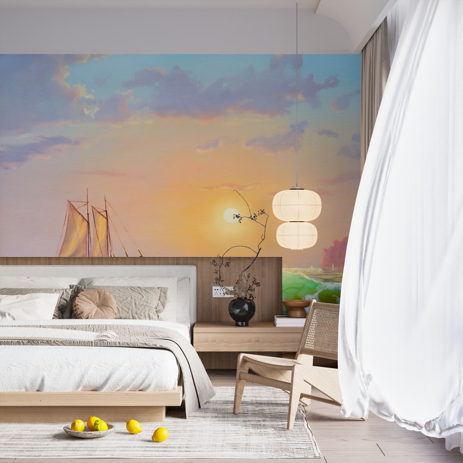 Fotobehang het schip vaart tegen de achtergrond van de zonsondergang