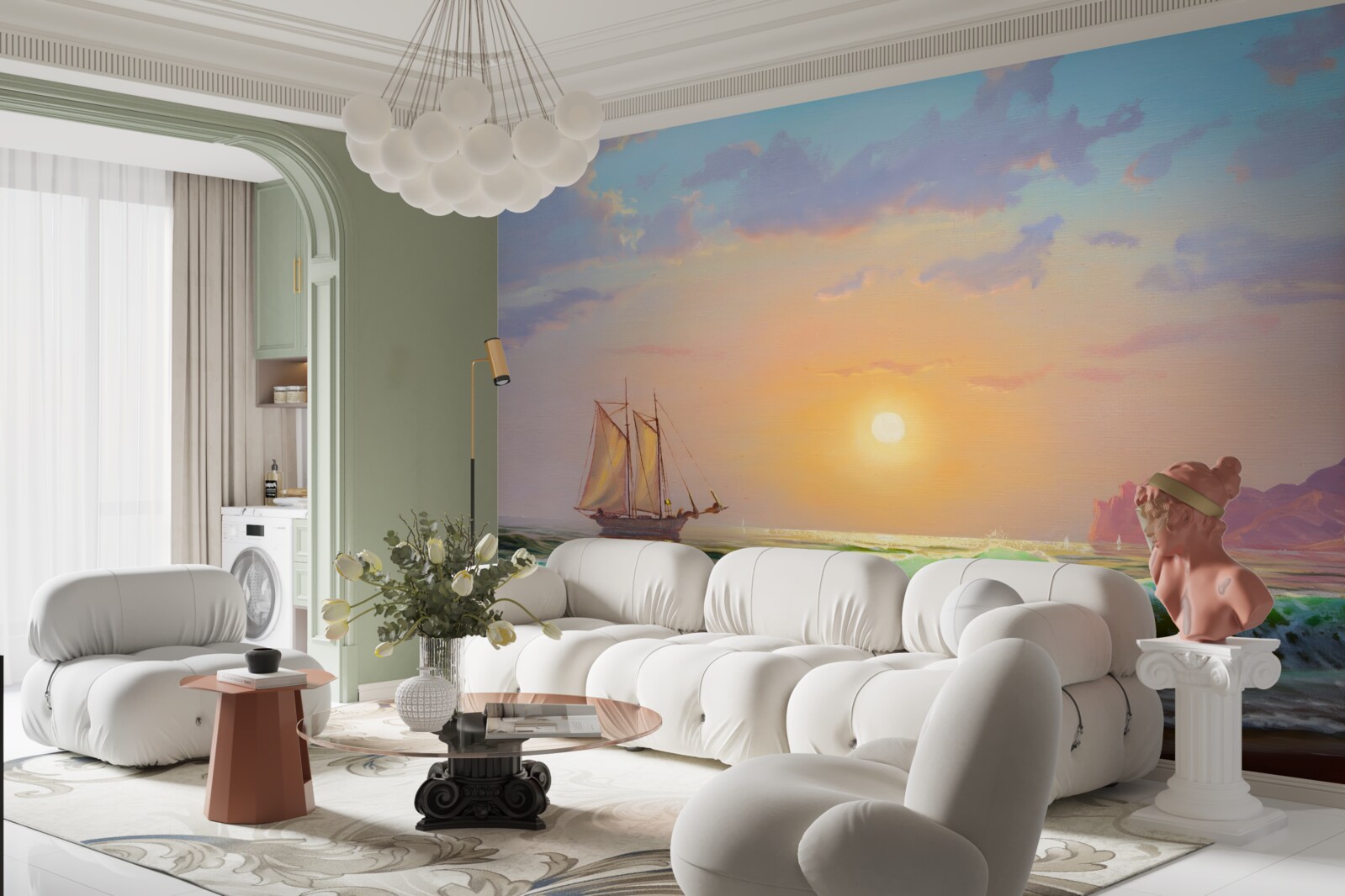 Fotobehang het schip vaart tegen de achtergrond van de zonsondergang