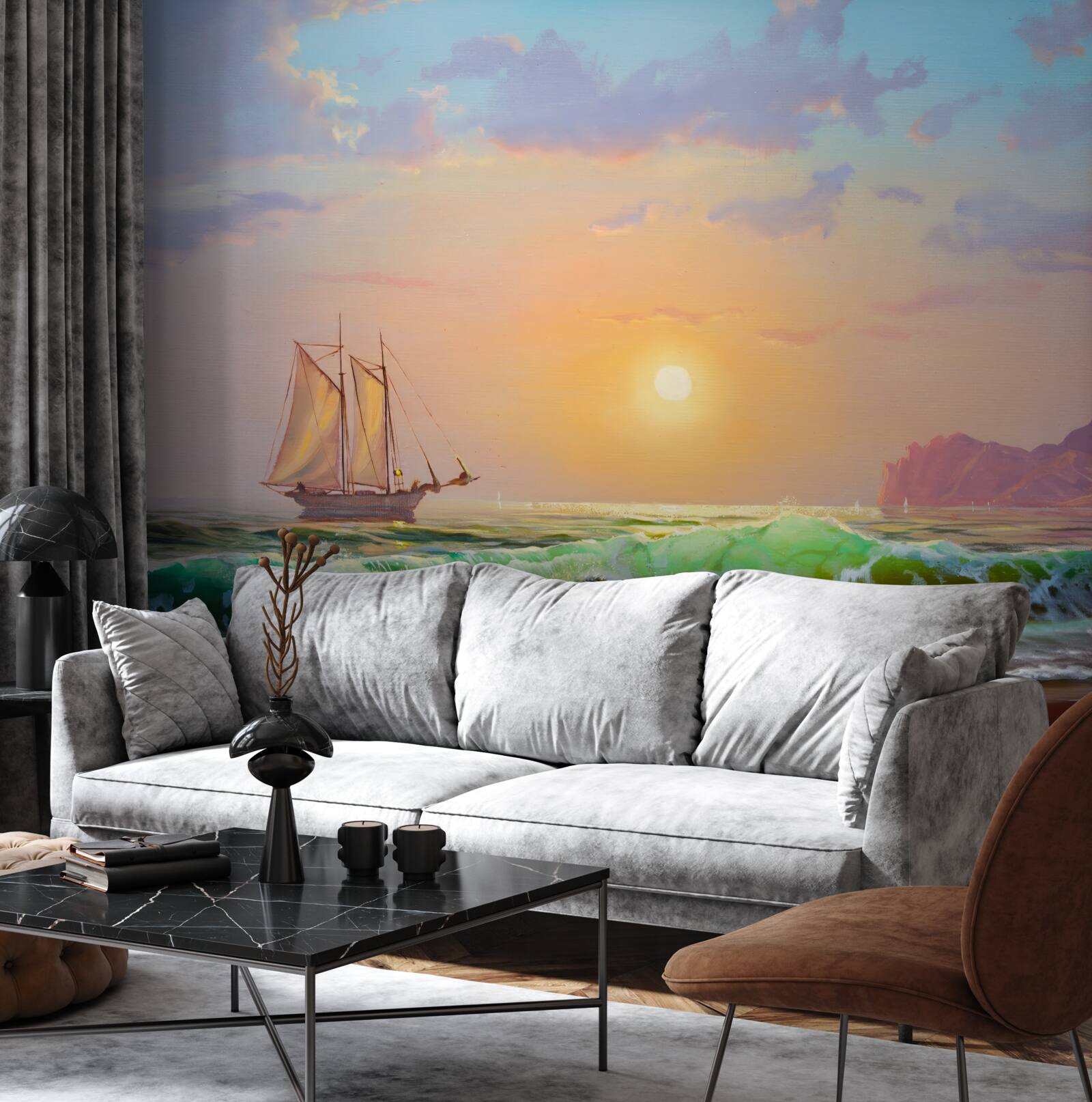 Fotobehang het schip vaart tegen de achtergrond van de zonsondergang