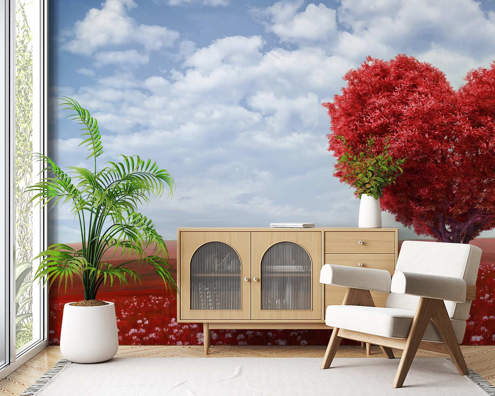 Fotobehang hartvormige boom met scharlakenrode bladeren