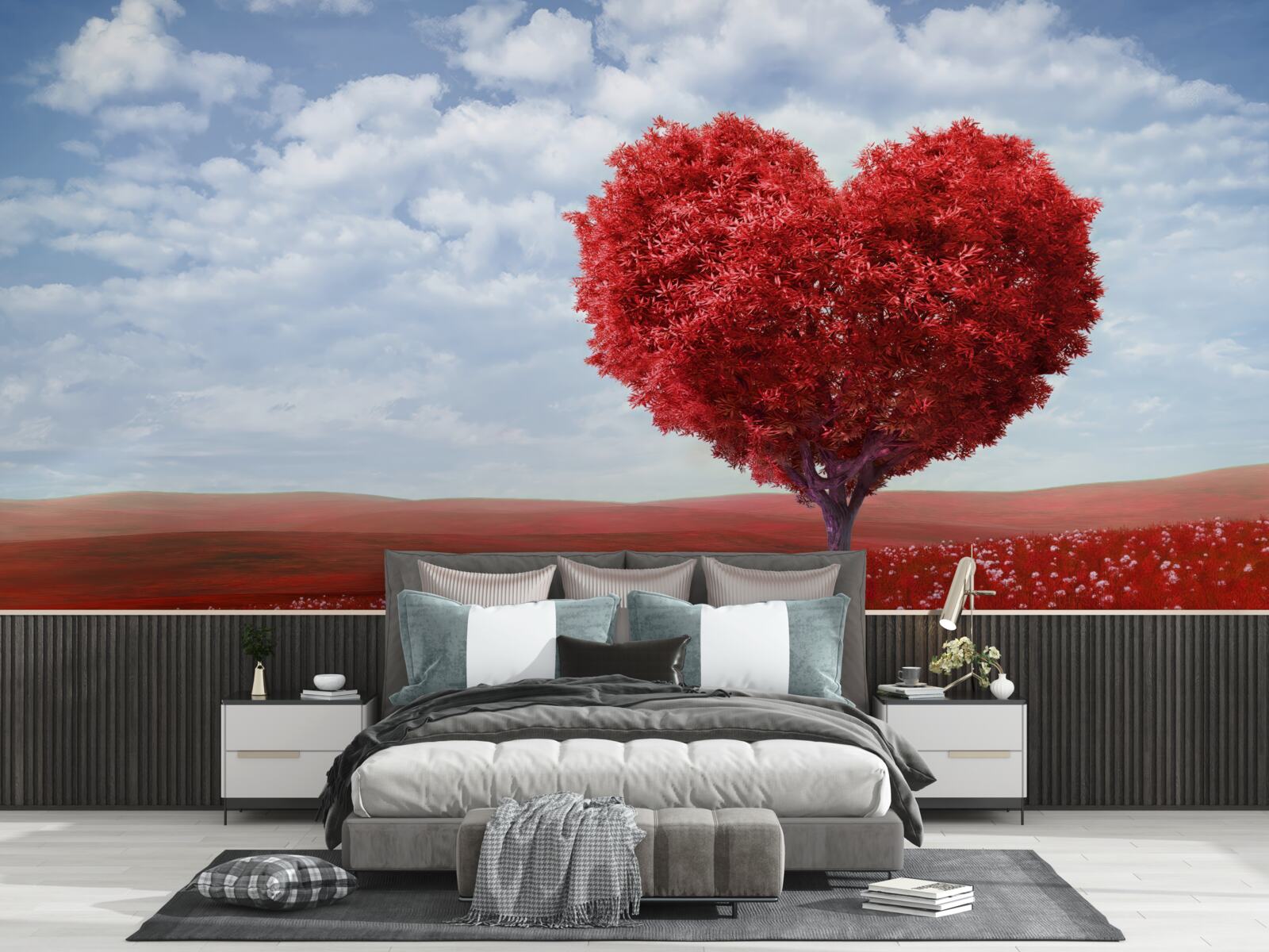 Fotobehang hartvormige boom met scharlakenrode bladeren