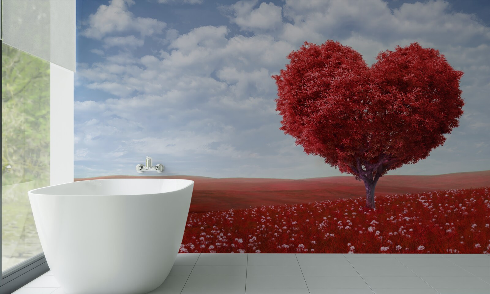 Fotobehang hartvormige boom met scharlakenrode bladeren