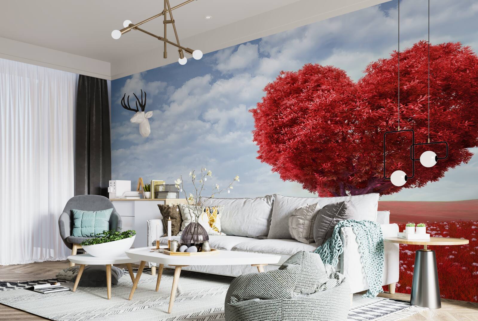 Fotobehang hartvormige boom met scharlakenrode bladeren