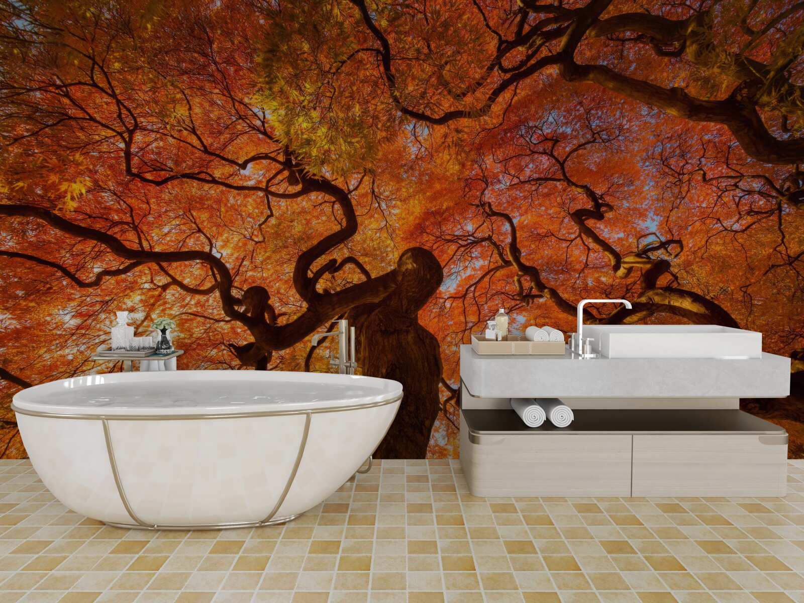 Fotobehang Onderaanzicht van de boom in de herfst