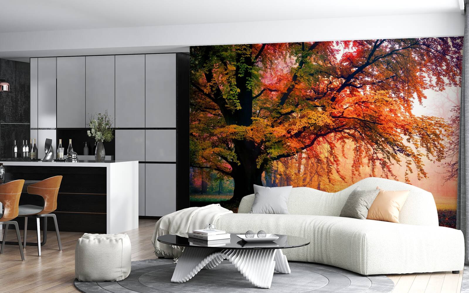 Fotobehang bos gehuld in herfstmist