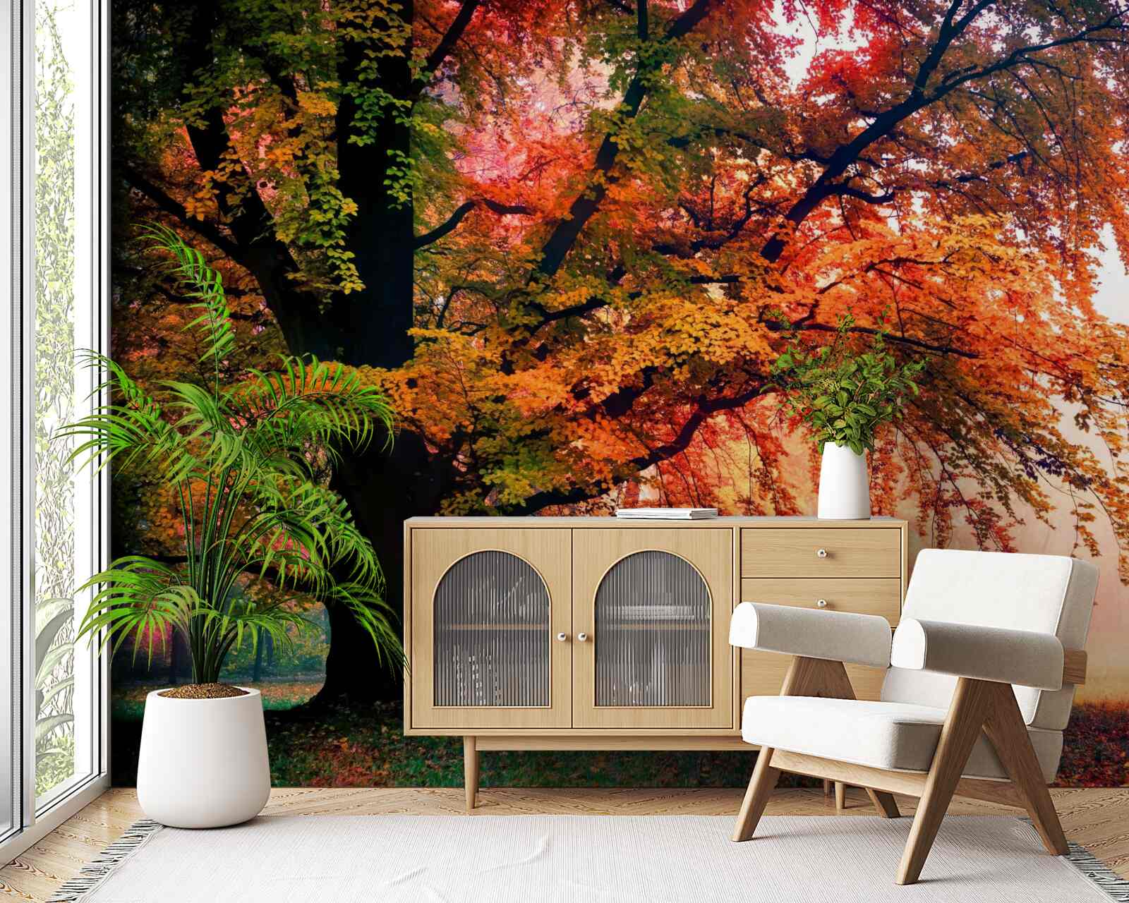 Fotobehang bos gehuld in herfstmist