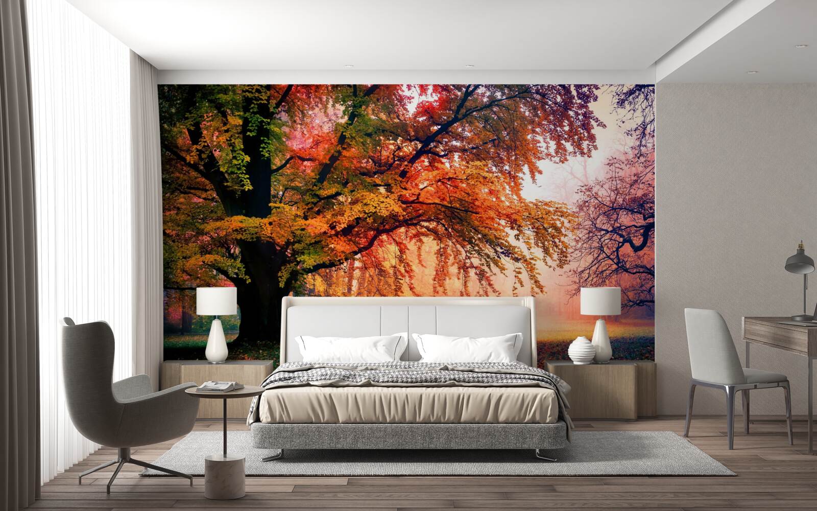 Fotobehang bos gehuld in herfstmist