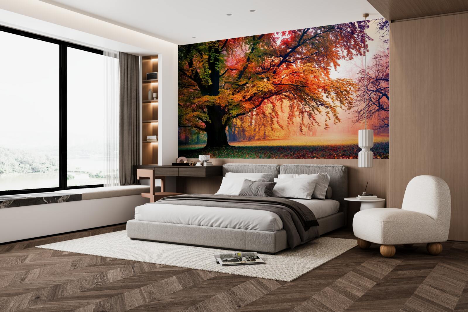 Fotobehang bos gehuld in herfstmist