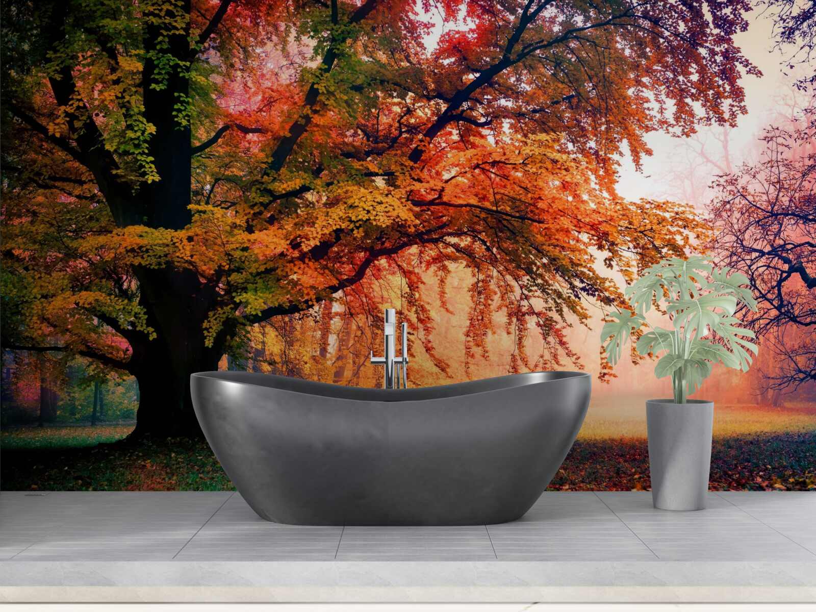 Fotobehang bos gehuld in herfstmist