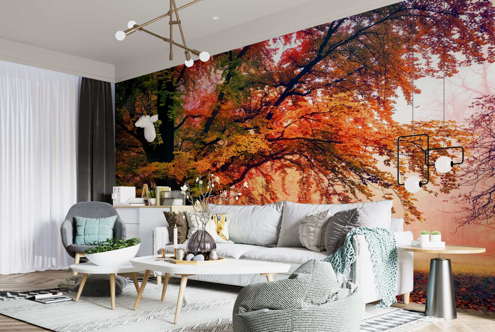 Fotobehang bos gehuld in herfstmist