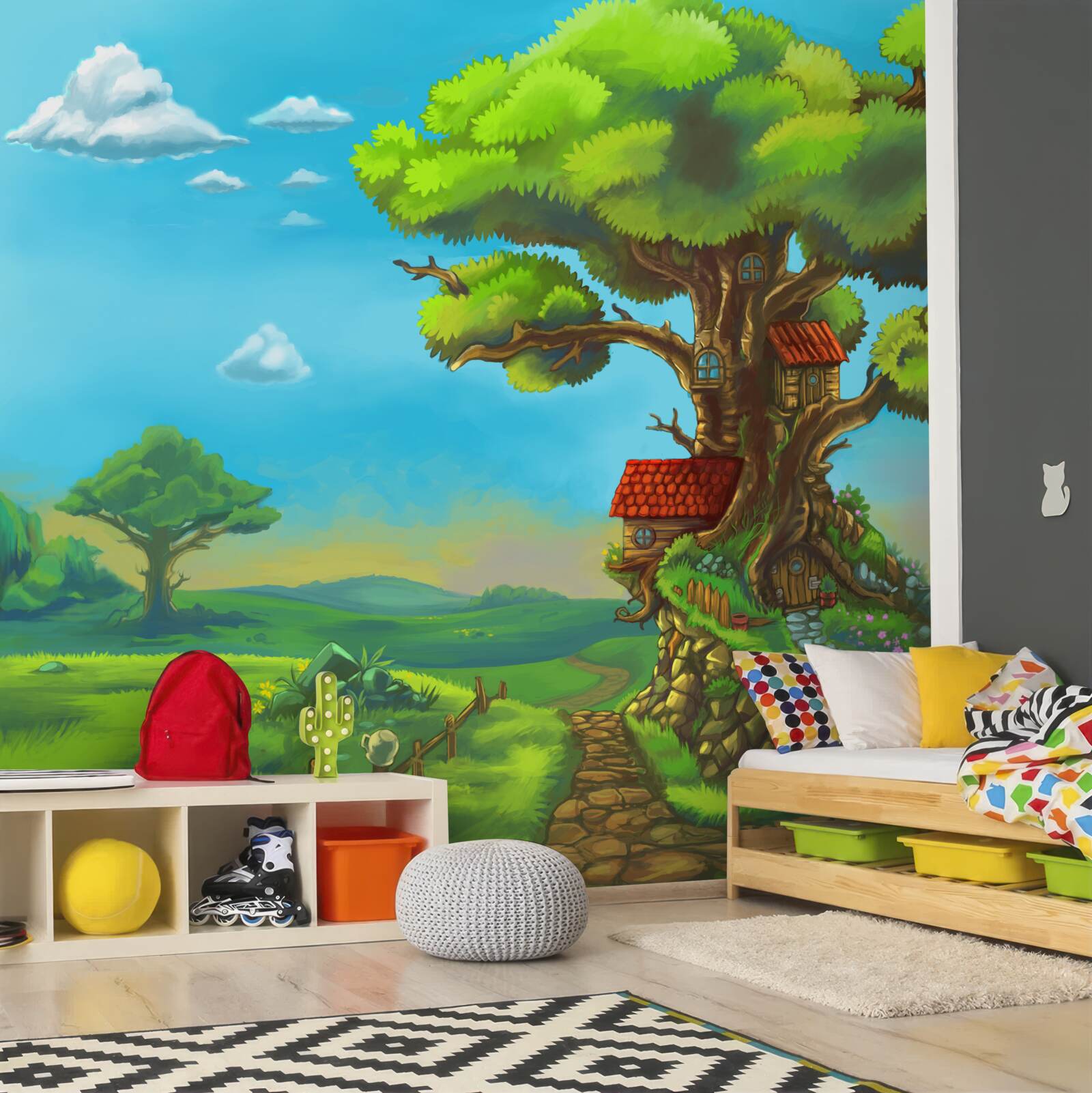 Fotobehang magische boomhutten met bladeren