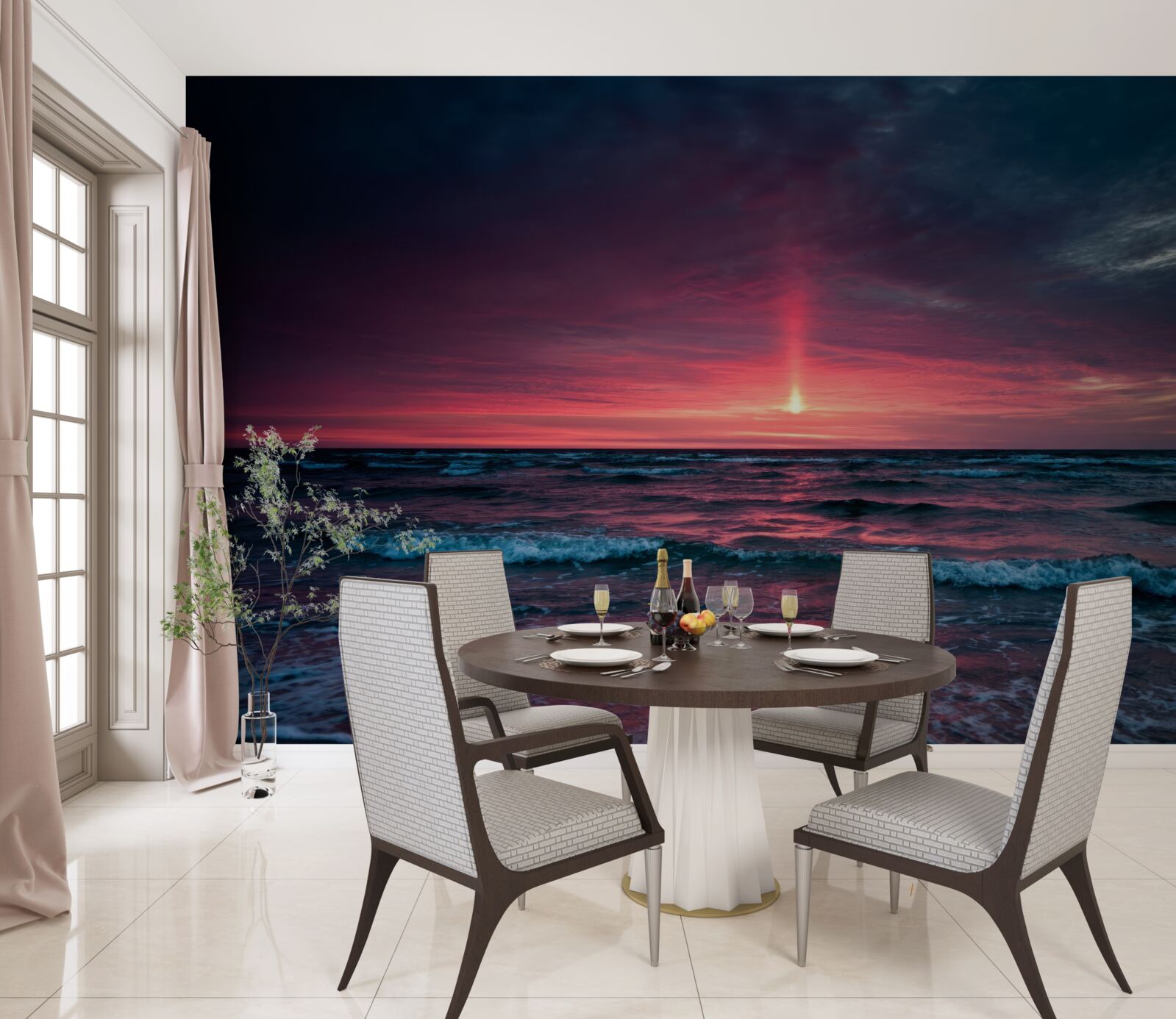 Fotobehang de zon gaat onder onder de horizon van de zee