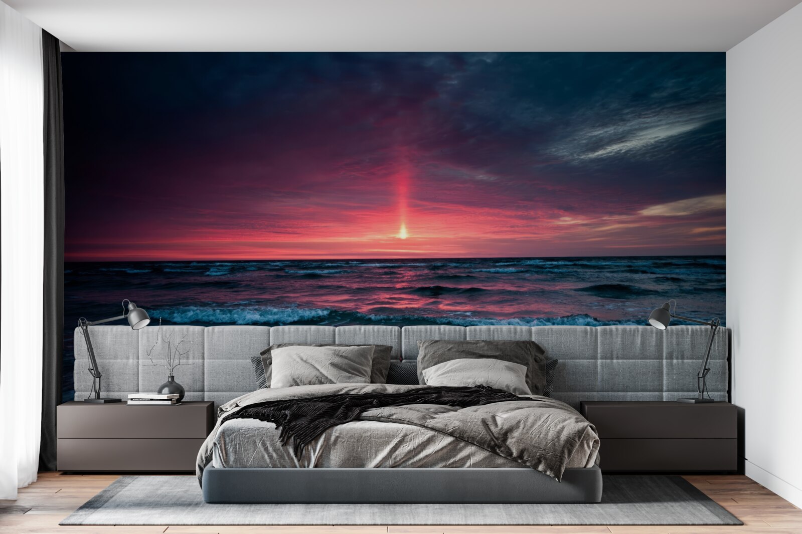 Fotobehang de zon gaat onder onder de horizon van de zee