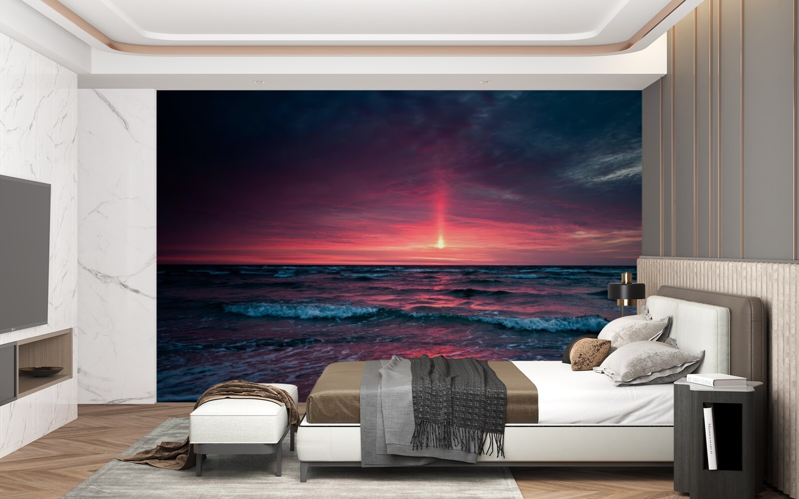 Fotobehang de zon gaat onder onder de horizon van de zee