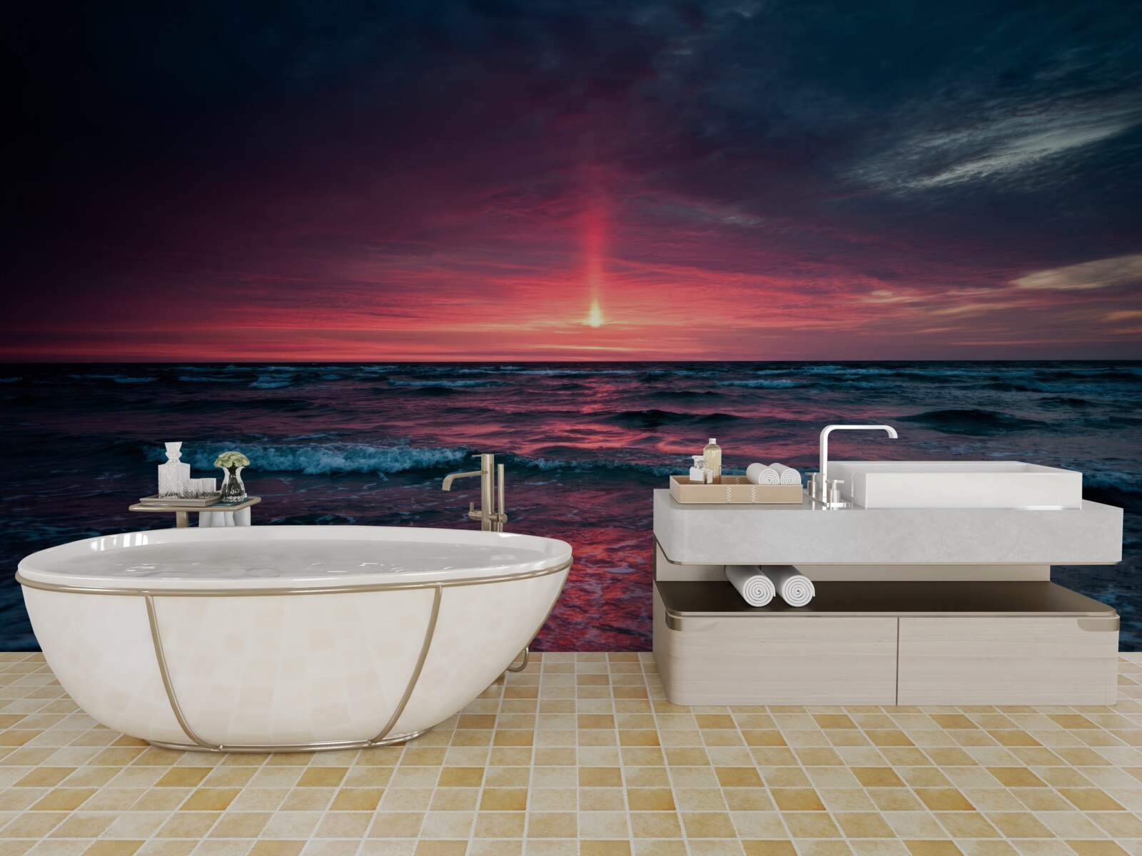 Fotobehang de zon gaat onder onder de horizon van de zee