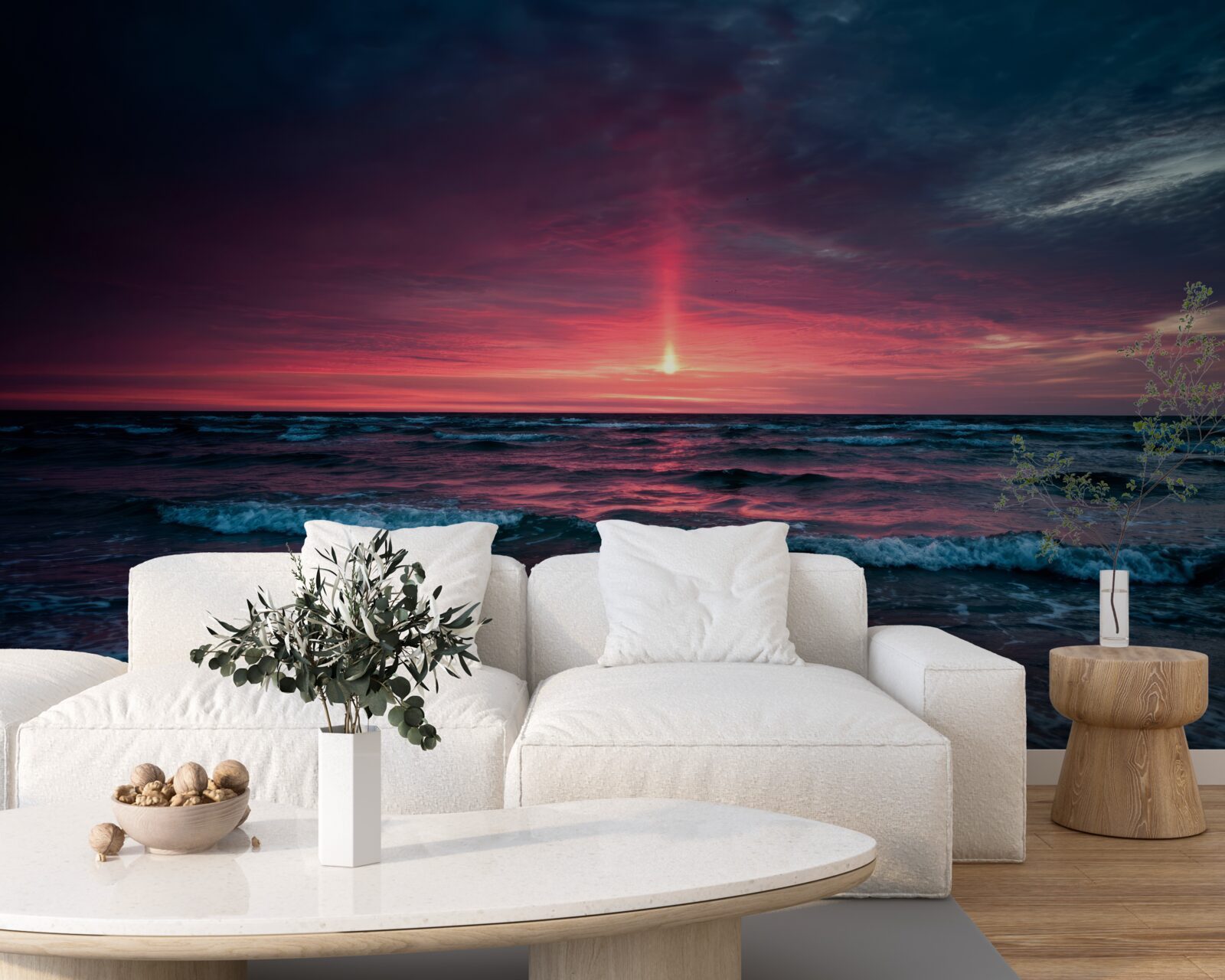 Fotobehang de zon gaat onder onder de horizon van de zee