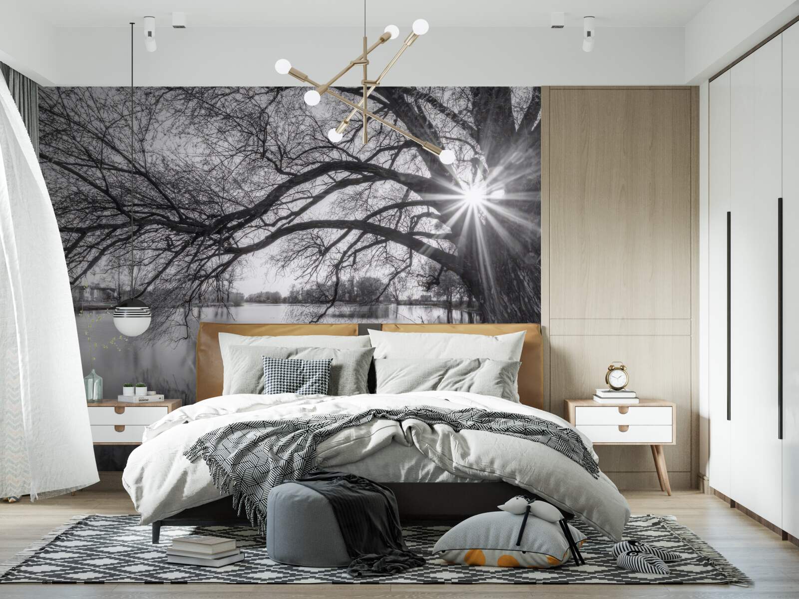 Fotobehang een zonnestraal prikt door de takken van een boom bij het water