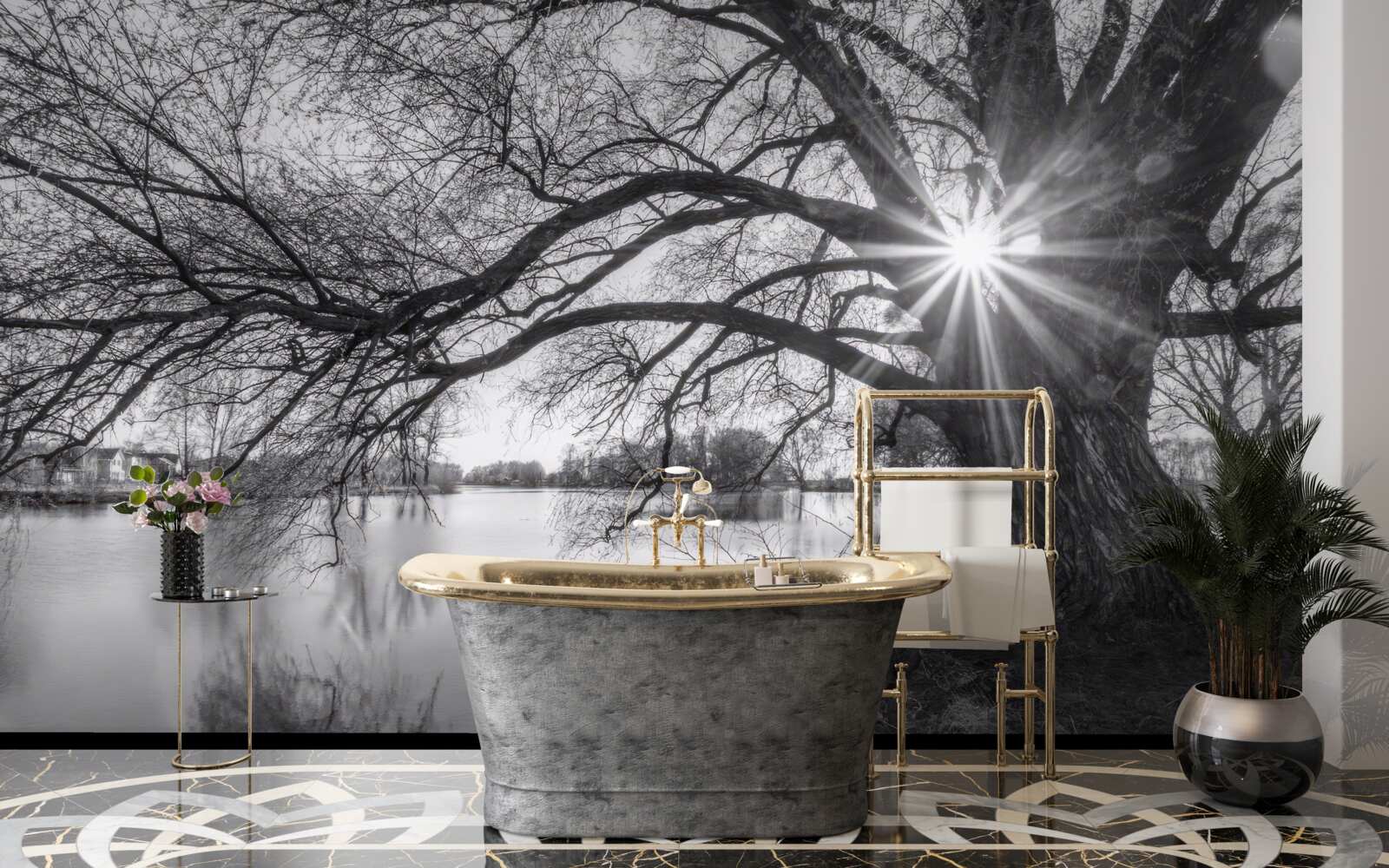 Fotobehang een zonnestraal prikt door de takken van een boom bij het water