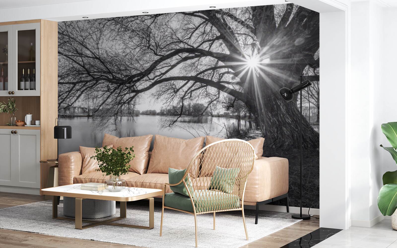 Fotobehang een zonnestraal prikt door de takken van een boom bij het water