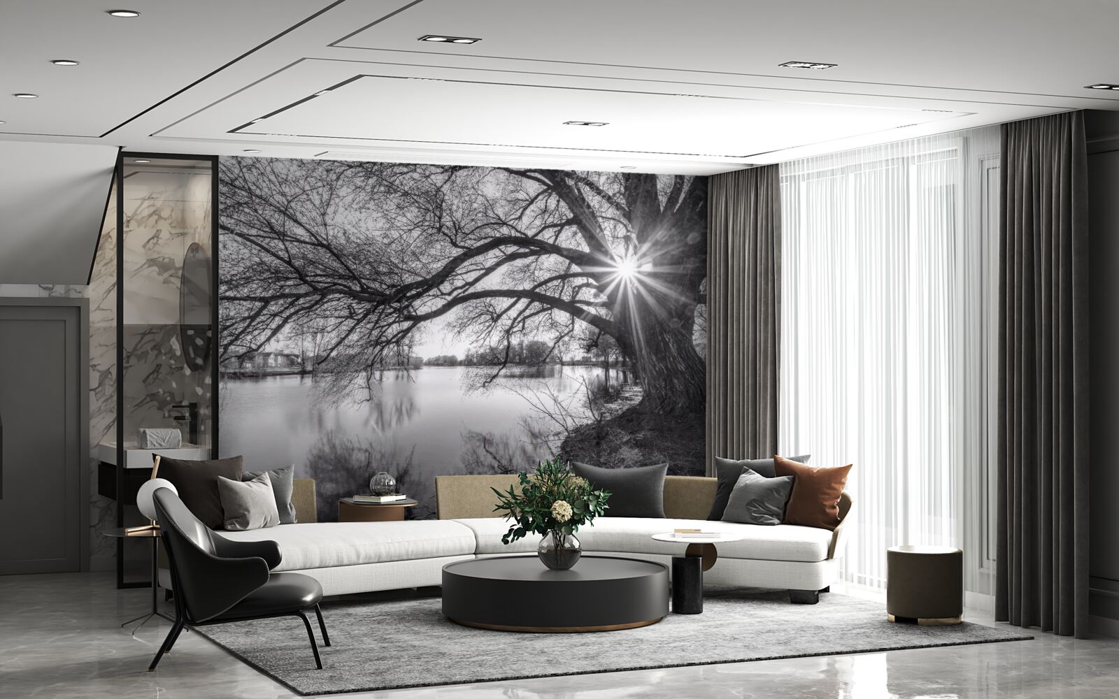 Fotobehang een zonnestraal prikt door de takken van een boom bij het water