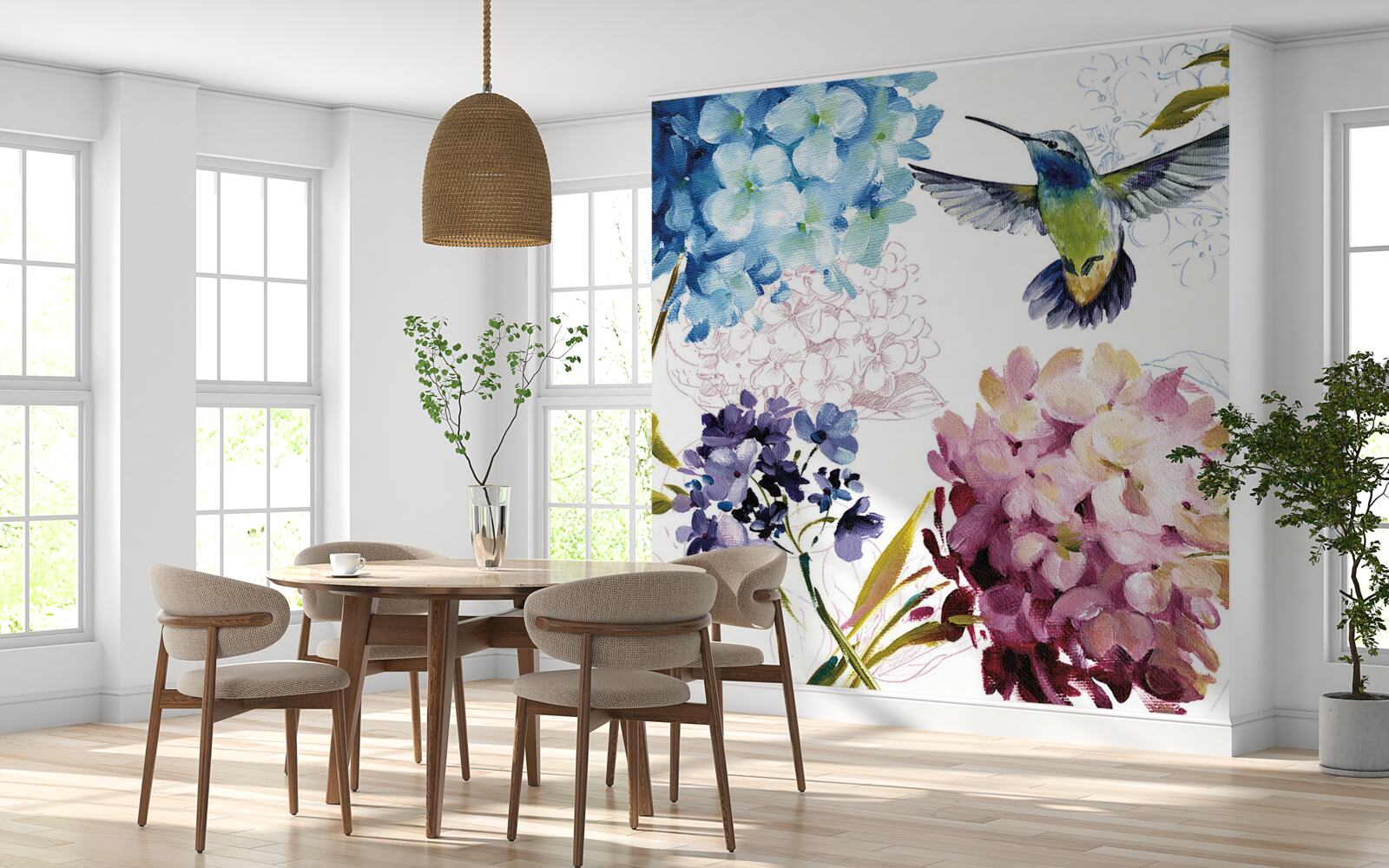 Fotobehang kolibrie afgebeeld tussen bloemen