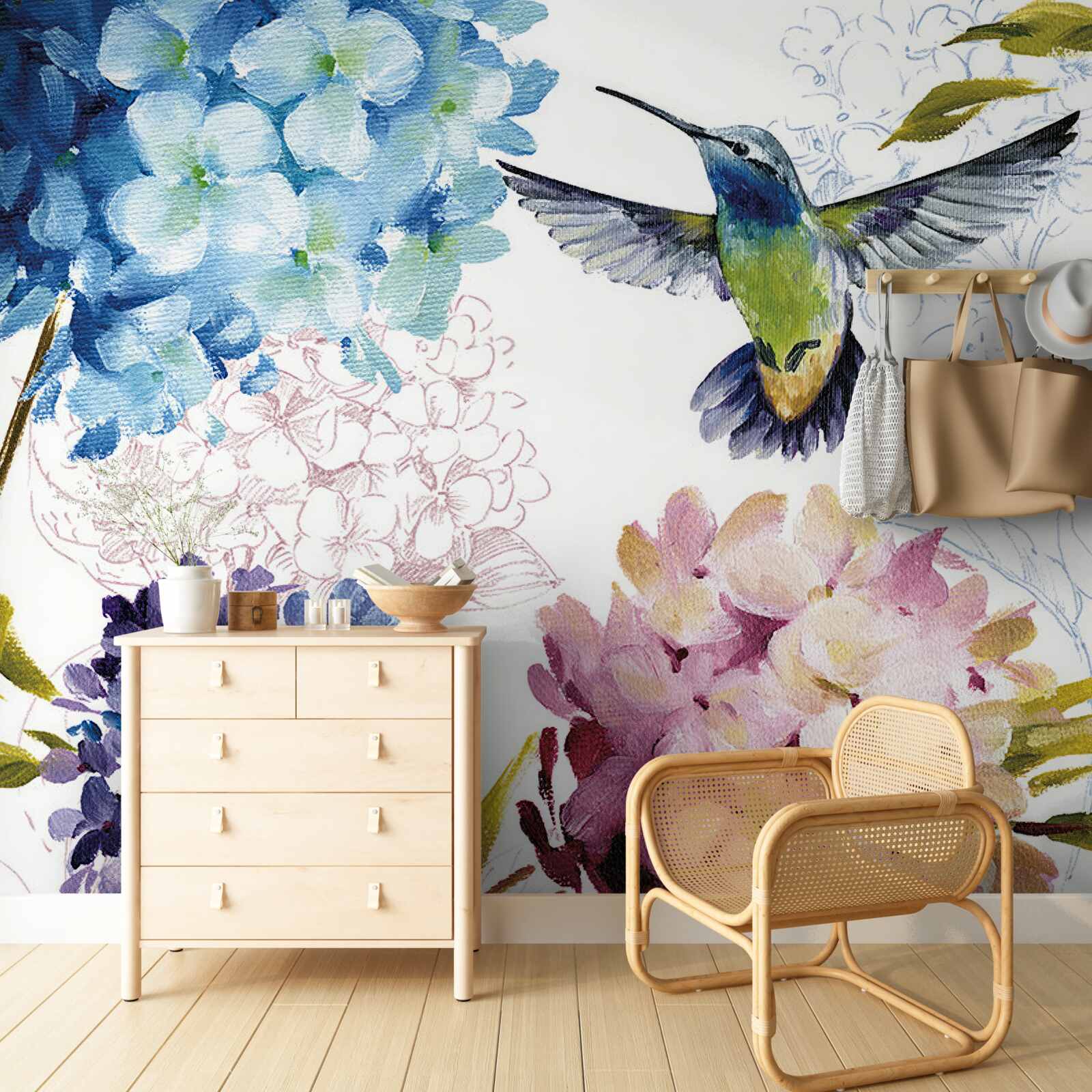 Fotobehang kolibrie afgebeeld tussen bloemen