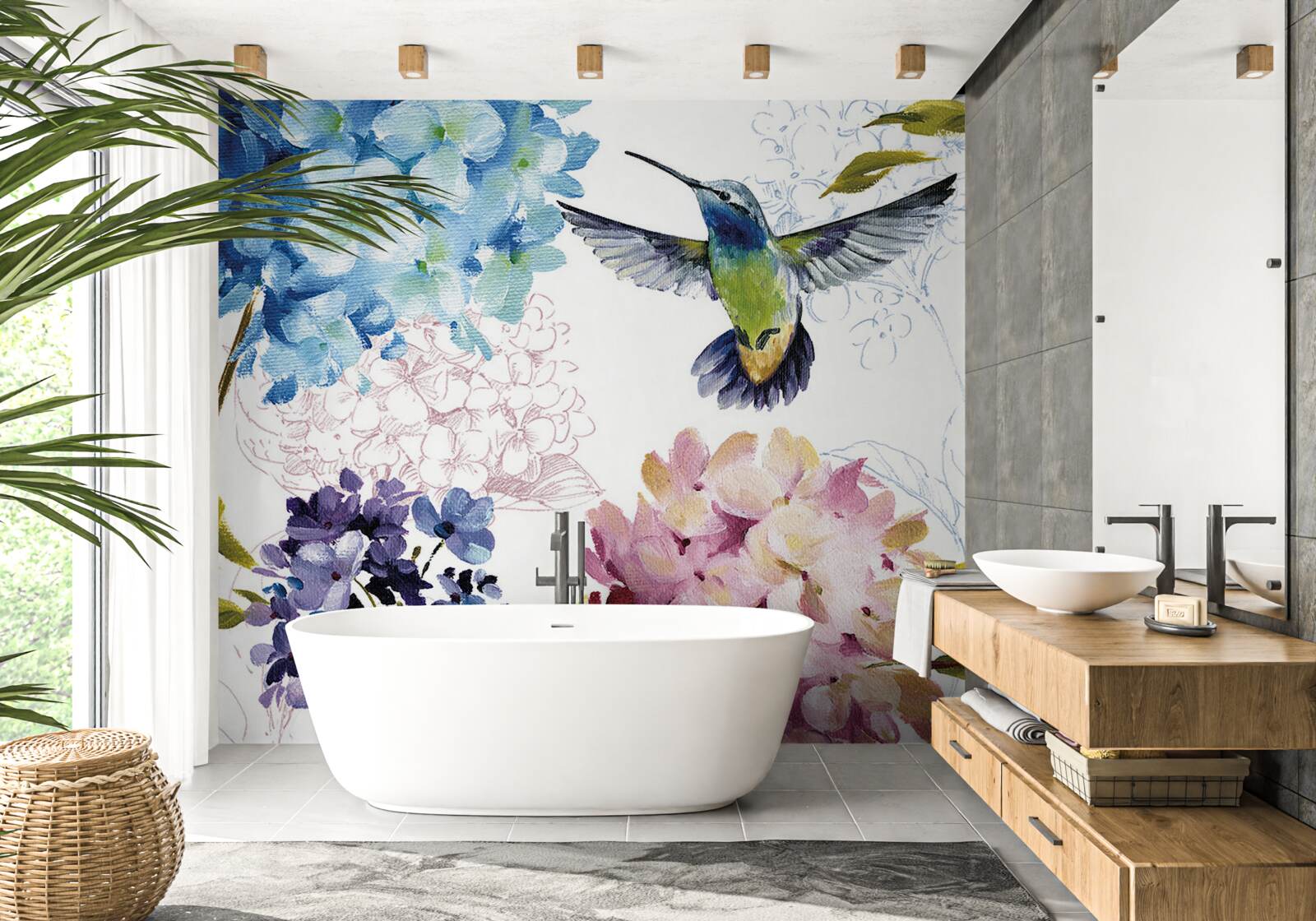 Fotobehang kolibrie afgebeeld tussen bloemen