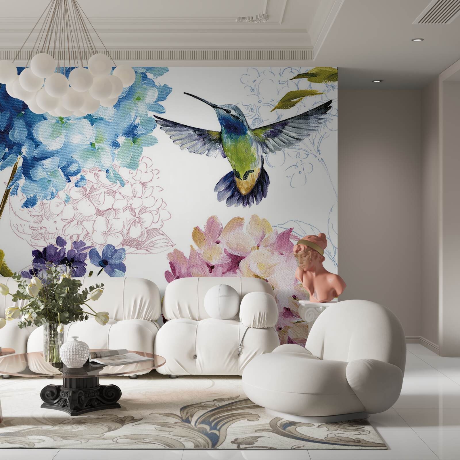 Fotobehang kolibrie afgebeeld tussen bloemen