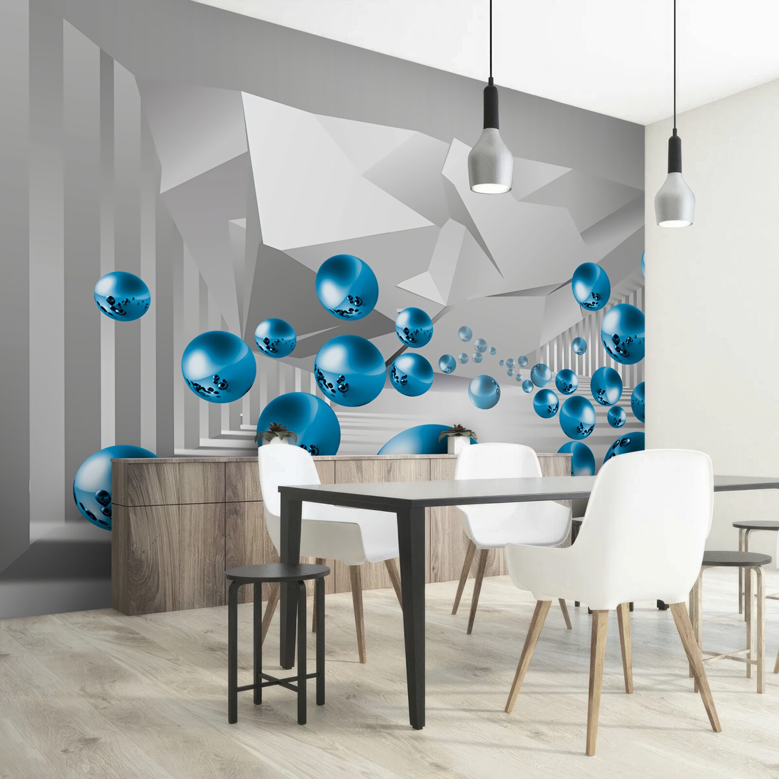 Fotobehang volumetrische blauwe ballen in de gang