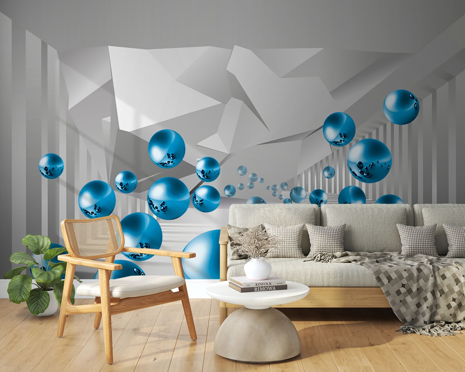 Fotobehang volumetrische blauwe ballen in de gang