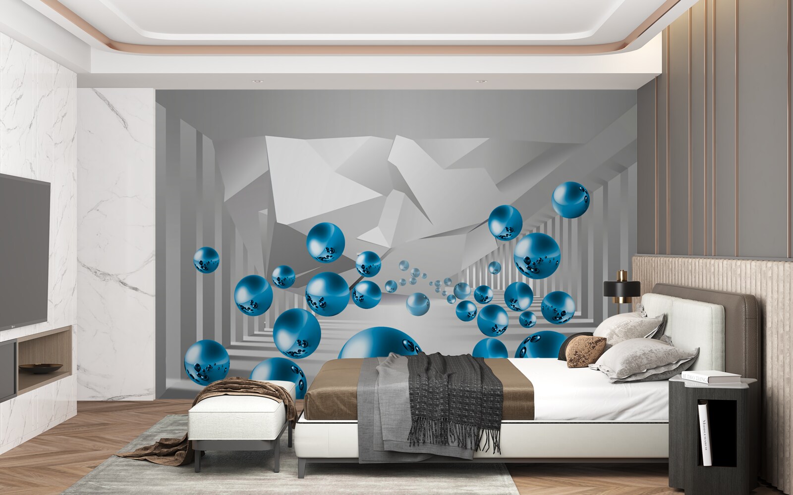 Fotobehang volumetrische blauwe ballen in de gang