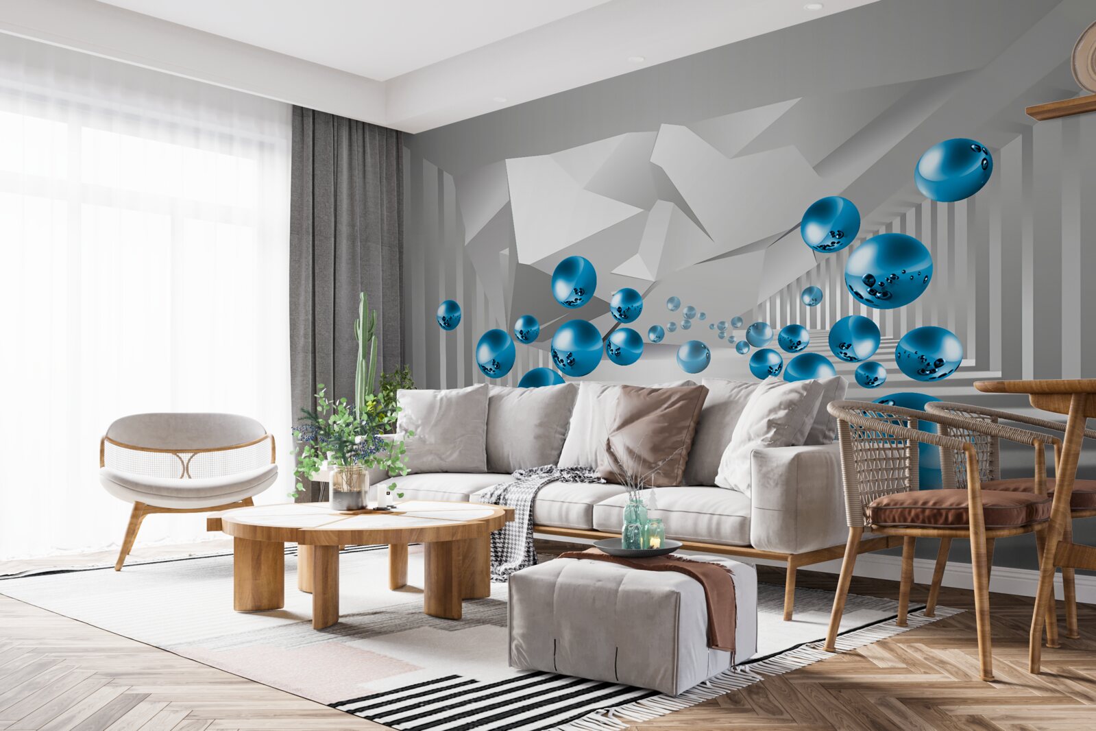 Fotobehang volumetrische blauwe ballen in de gang