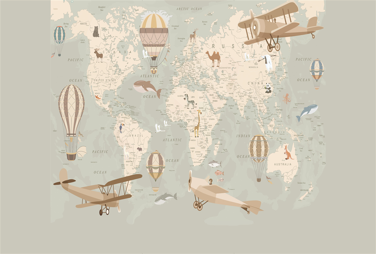 Fotobehang kaart van de wereld en verschillende soorten luchtvervoer