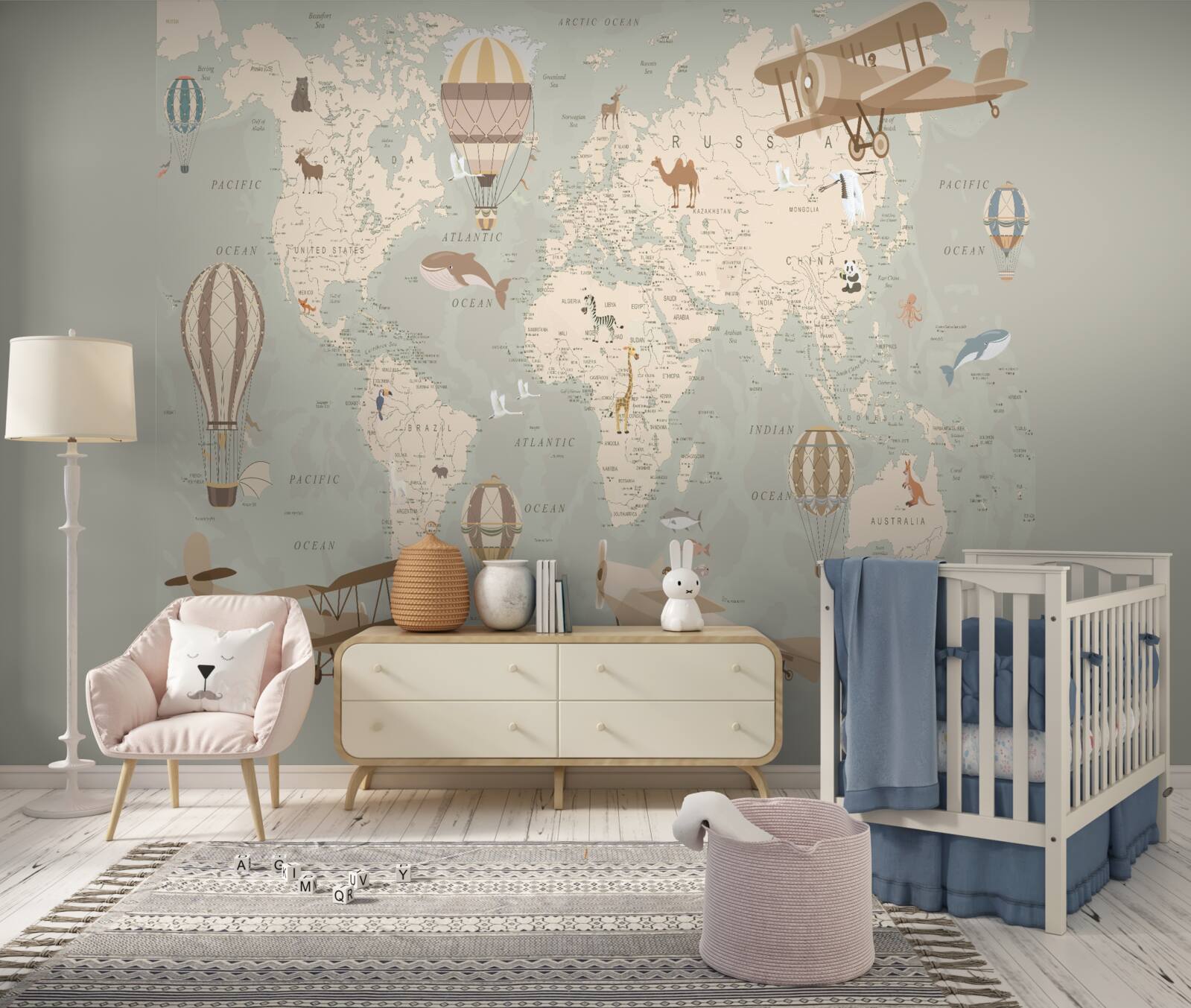 Fotobehang kaart van de wereld en verschillende soorten luchtvervoer